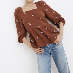 Amie Floral Embroidered Lightspun Millbrook Puff-Sleeve Peplum Top